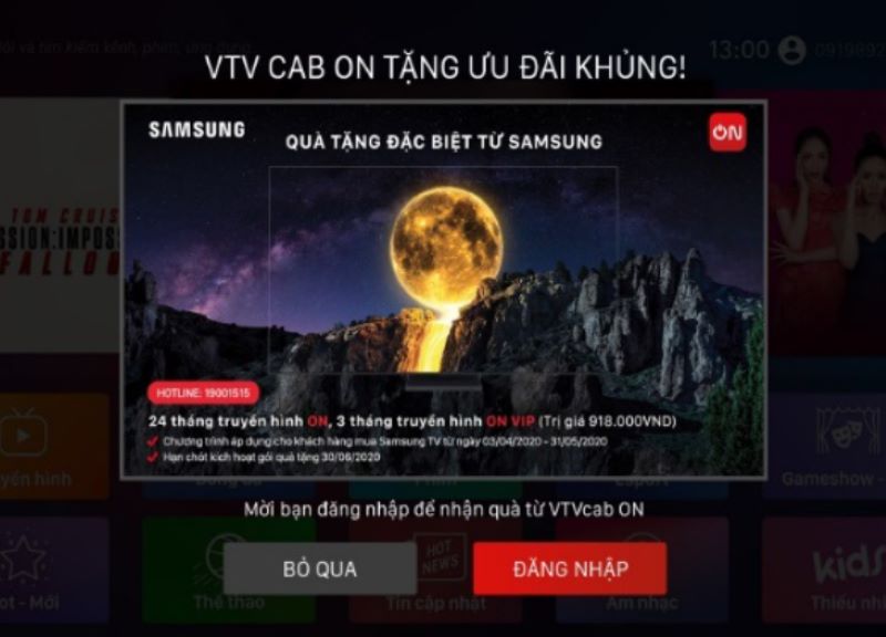 mở ứng dụng VTVcab ON và chọn nút “Đăng nhập”/”Login”.